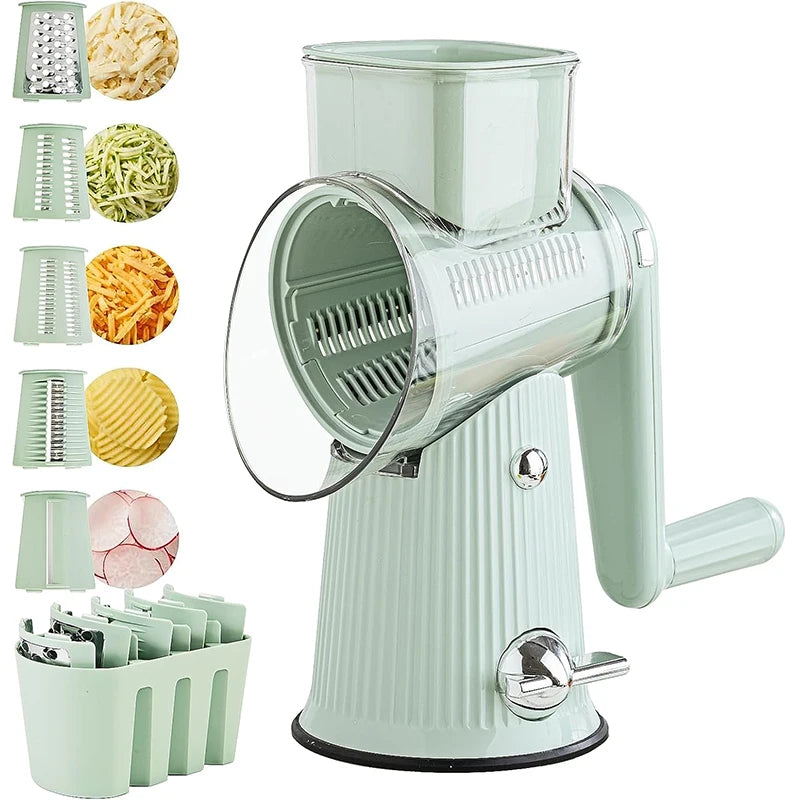 5 in 1 Rotary Cheese Grater with Handle Kitchen Vegetable Cutter Slicer Round Mandoline Drum Slicer with Suction Base JT435
