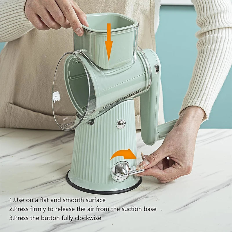 5 in 1 Rotary Cheese Grater with Handle Kitchen Vegetable Cutter Slicer Round Mandoline Drum Slicer with Suction Base JT435